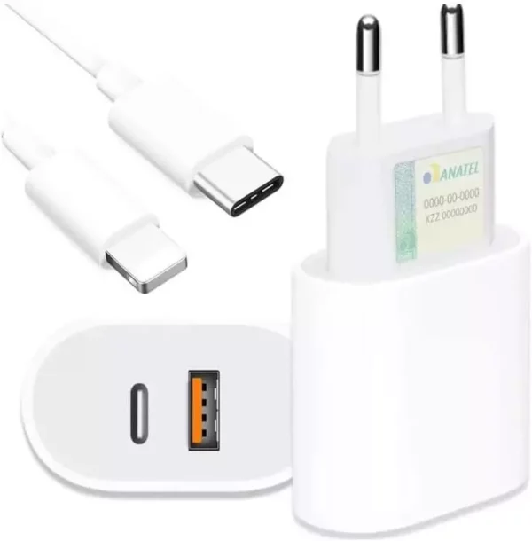 Fonte com cabo para IPhone - 2 entradas USB+Tipo C