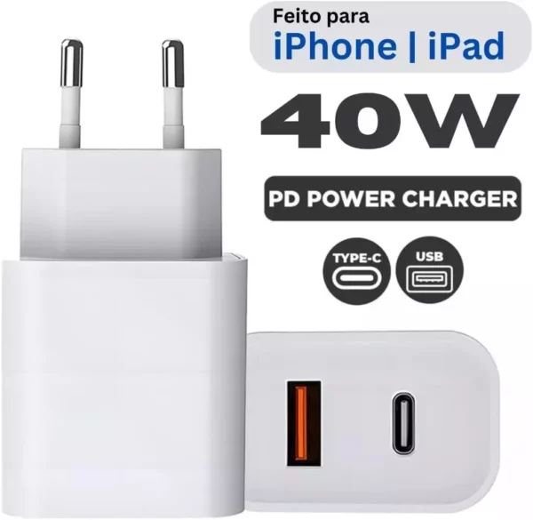 Fonte com cabo para IPhone - 2 entradas USB+Tipo C