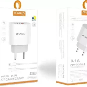 Fonte com cabo para IPhone - 2 entradas USB+Tipo C