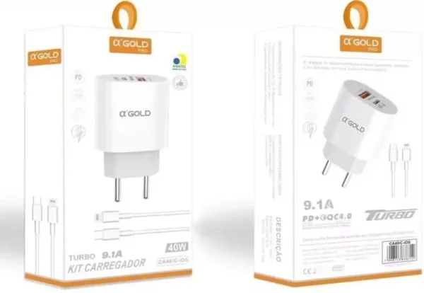 Fonte com cabo para IPhone - 2 entradas USB+Tipo C